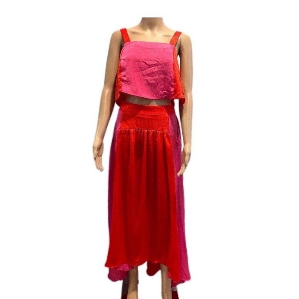 Petal & Pup Crop Top & Skirt 2 piece Set Pink Orange Midi High-Low Size Small